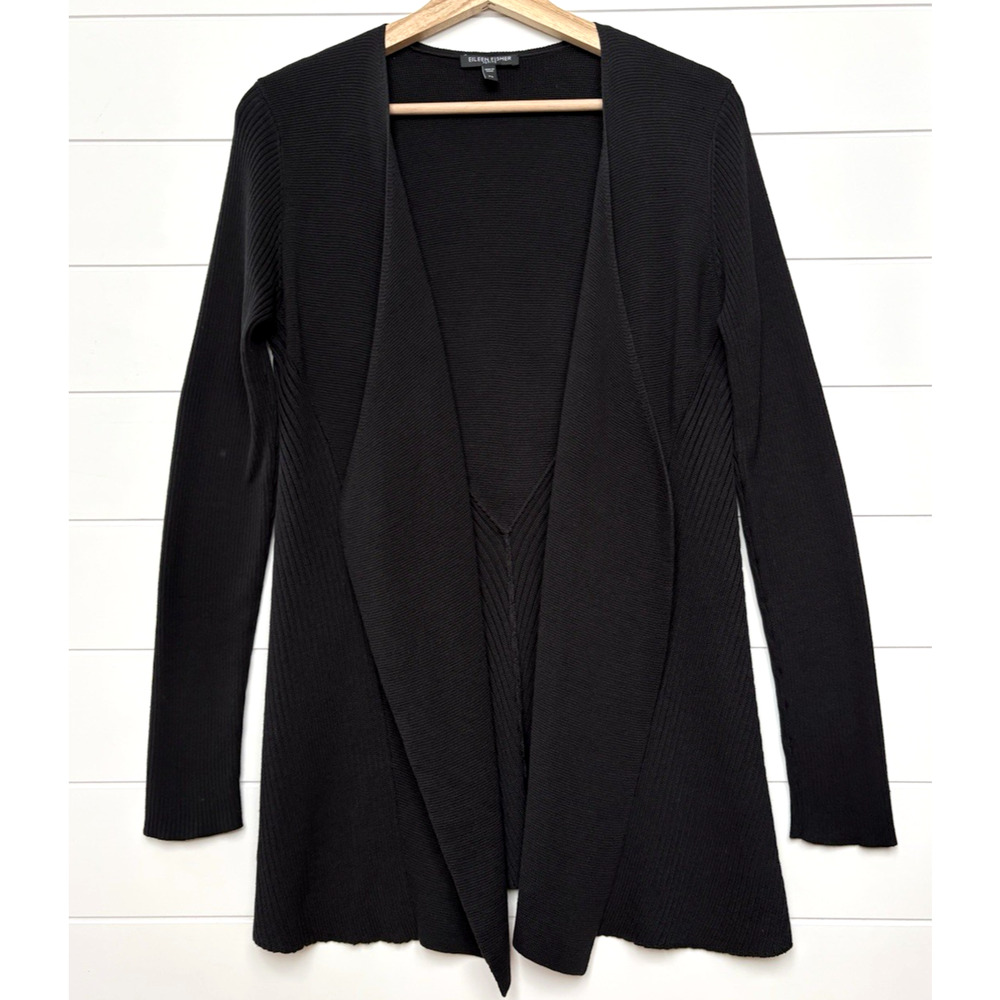 Eileen Fisher Black Open Front Cardigan Sweater Silk Cotton Ribbed Knit Petite S